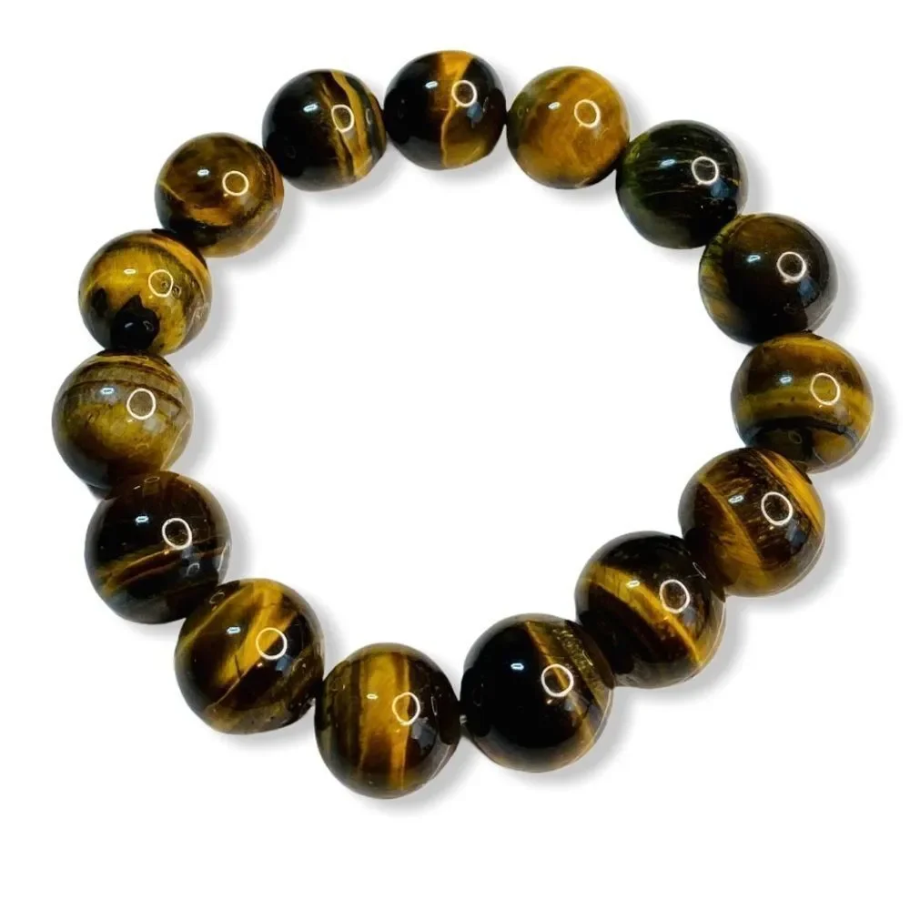 Natural Yellow Tiger's Eye Large Bead Gemstone Bracelet 14mm